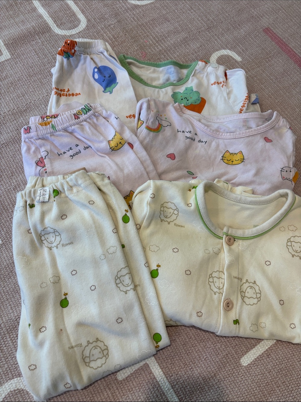 3 Korean Kids Pajama Set in Pastel Pink, Cream, Veggie Print